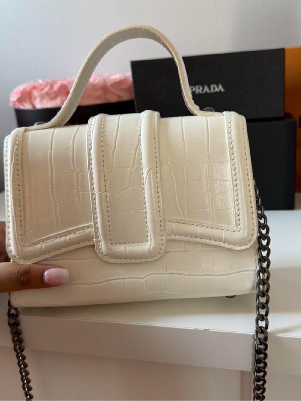 Zara White Croc-Embossed Mini Top-Handle Bag